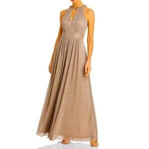 Eliza J Shimmering Cutout Halter Gown 10 Metallic Champagne Embellished Goddess